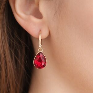 DKNY Gold Tone Red Teardrop Dangle Earrings Leverback Drop Earrings